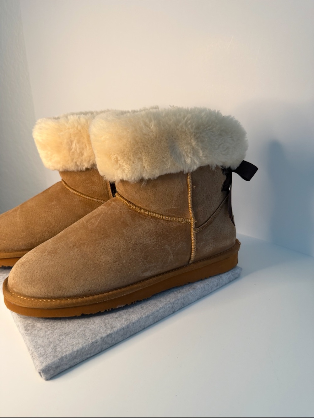 Lamo Chestnut Suede Shearling Cuff Ankle Boots